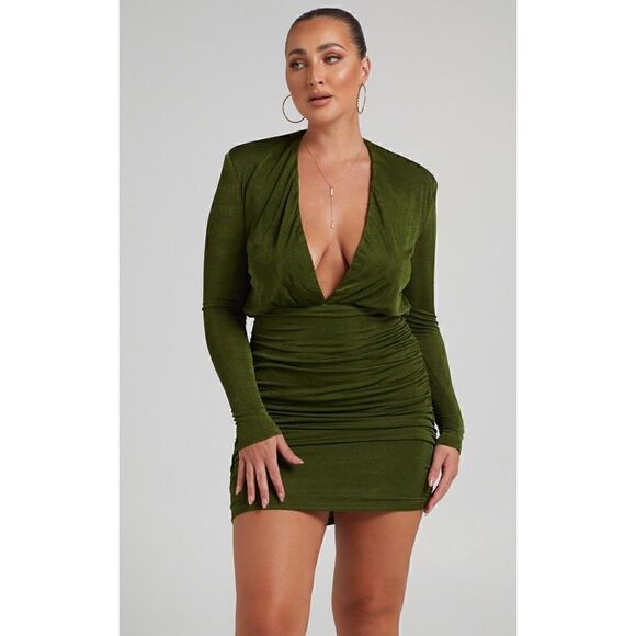 Showpo. Dresses & Skirts - NWT Showpo Kaitie Mini Deep V Open Front Ruched Dress in Khaki, Size 4
